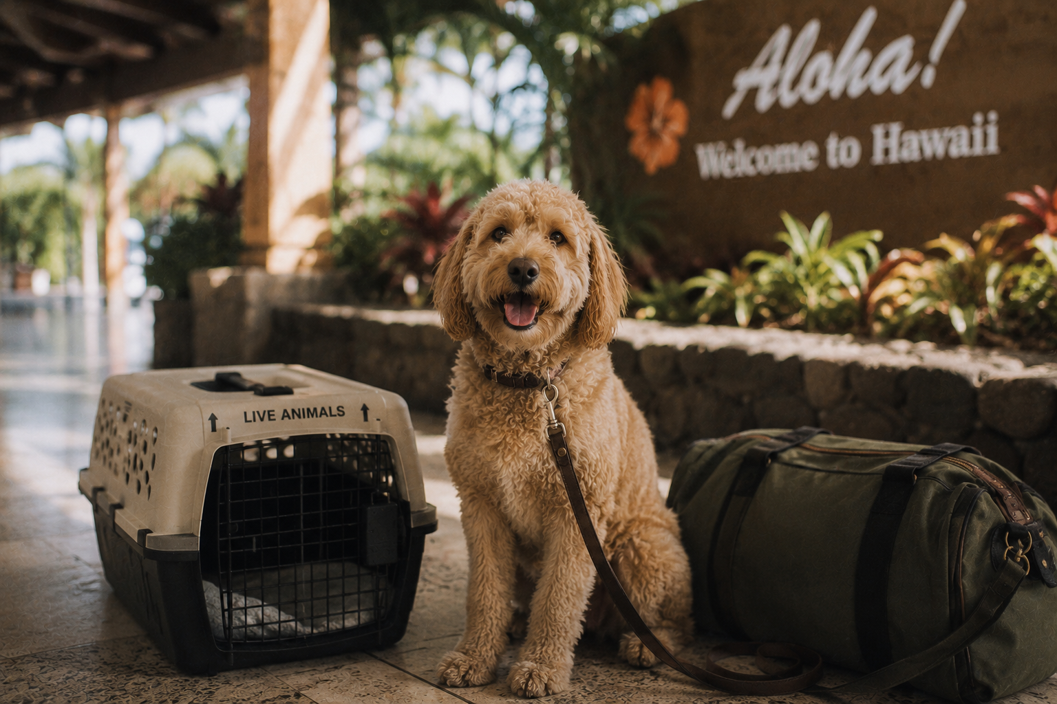 Dog sits in a Hawaiian airport ready to travel